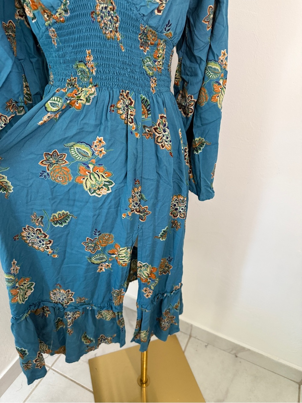 Angie Teal Floral Midi Dress with Smocked Waist - Picture 4 of 5
